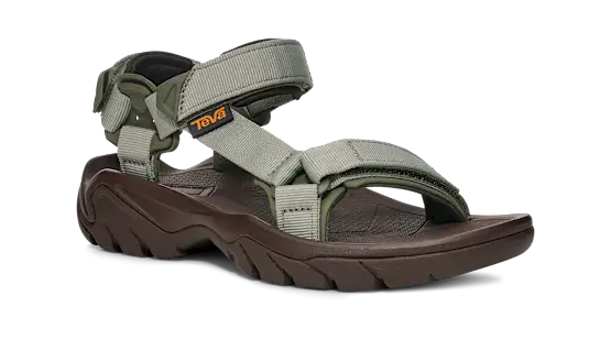 Dark brown sandal with green straps on a white background.