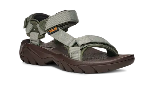 Dark brown sandal with green straps on a white background.