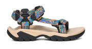 Side view of a tan sandal with colorful straps on a white background.