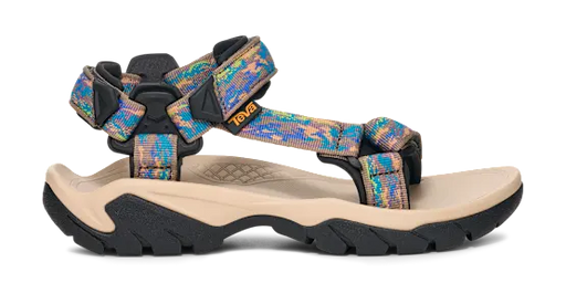 Side view of a tan sandal with colorful straps on a white background.