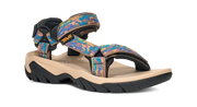 Side view of a tan sandal with colorful straps on a white background.