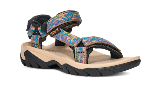 Side view of a tan sandal with colorful straps on a white background.