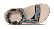 Beige sandal with colorful straps on a white background.