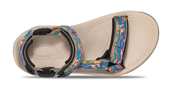Beige sandal with colorful straps on a white background.
