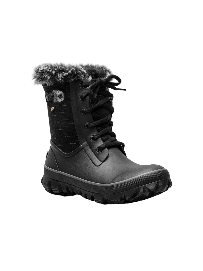 Black winter boot with fur lining on a white background