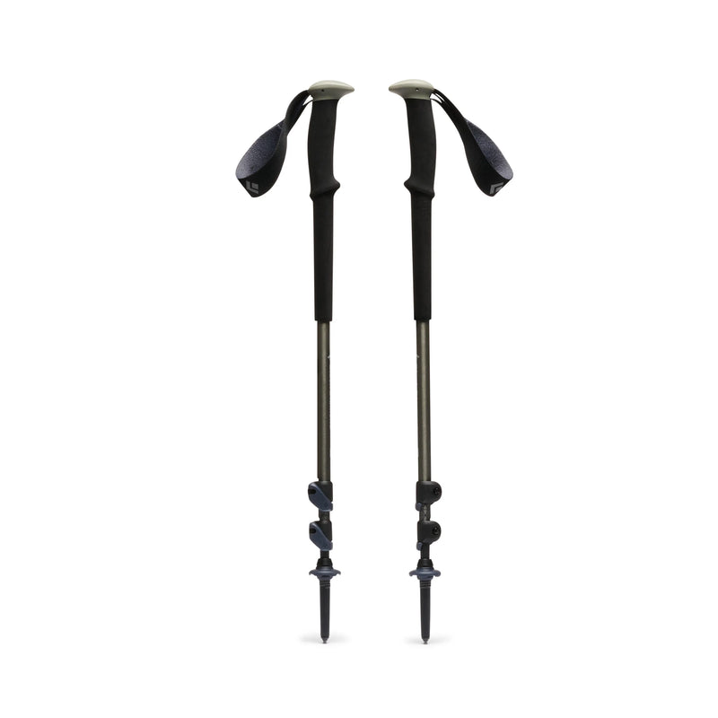 A pair of black hiking poles on a white background