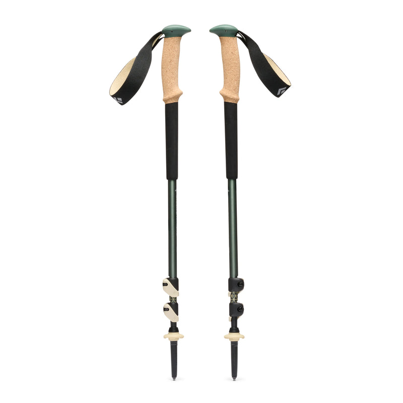 A pair of blue and black hiking poles with cork handles on a white background