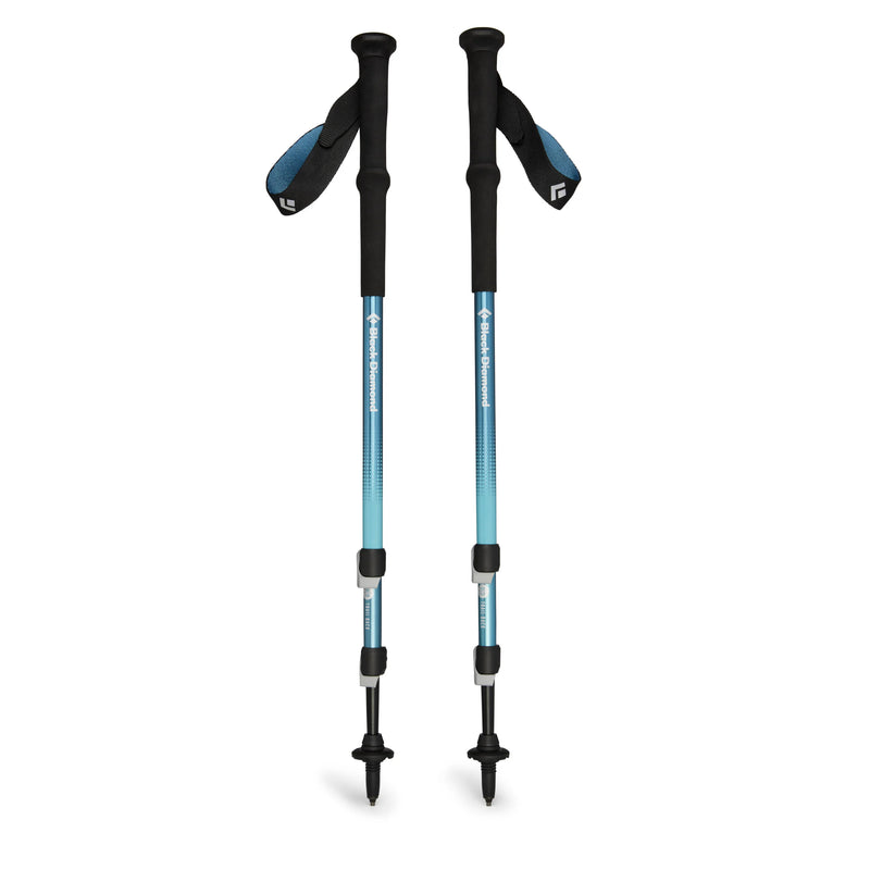 2 blue and black hiking poles on a white background