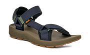 Dark green sandal with blue straps on a white background.
