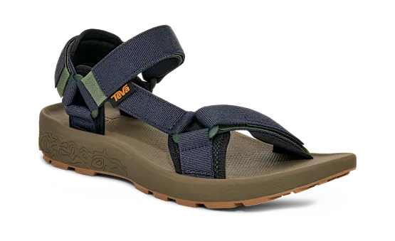 Dark green sandal with blue straps on a white background.