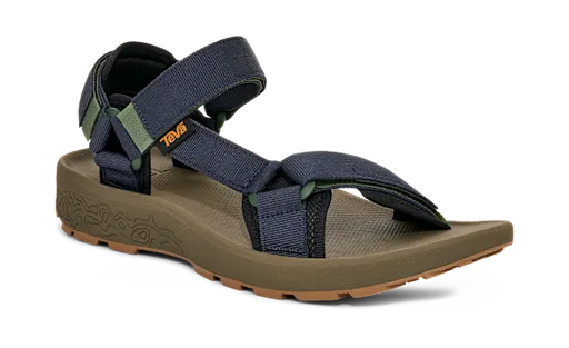 Dark green sandal with blue straps on a white background.