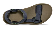 Dark green sandal with blue straps on a white background.
