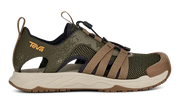 Side view of a green and brown sandal with a Teva logo on a white background.