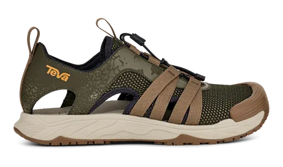 Side view of a green and brown sandal with a Teva logo on a white background.
