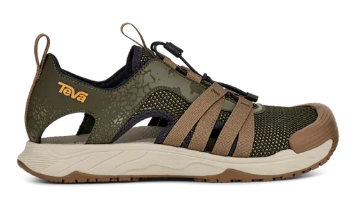 Side view of a green and brown sandal with a Teva logo on a white background.