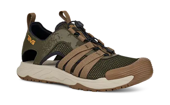 Green and brown sandal with a Teva logo on a white background.