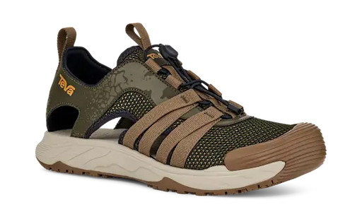 Green and brown sandal with a Teva logo on a white background.
