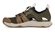 Side view of a green and brown sandal on a white background.