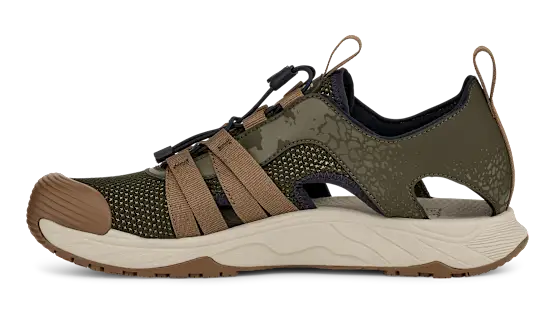 Side view of a green and brown sandal on a white background.