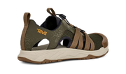 Side view of a green and brown sandal with a Teva logo on a white background.