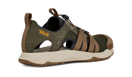 Side view of a green and brown sandal with a Teva logo on a white background.