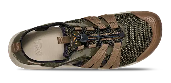 Green and brown sneaker on a white background.