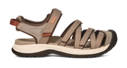 Side view of a brown sandal with orange and white accents on a white background.