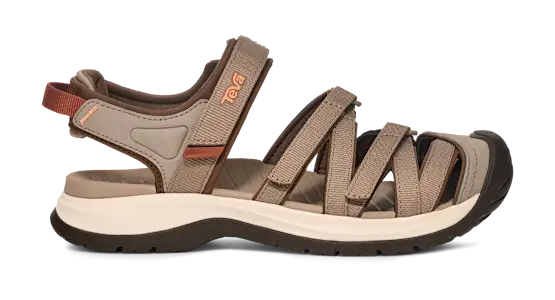 Side view of a brown sandal with orange and white accents on a white background.