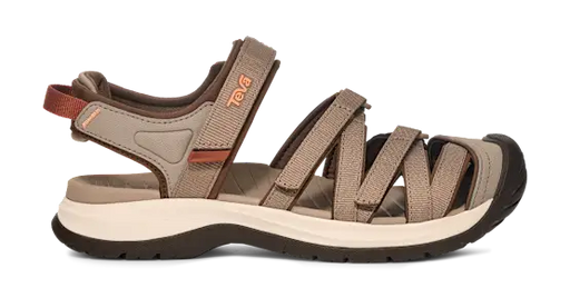 Side view of a brown sandal with orange and white accents on a white background.