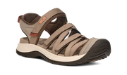 Brown sandal with orange and white accents on a white background.
