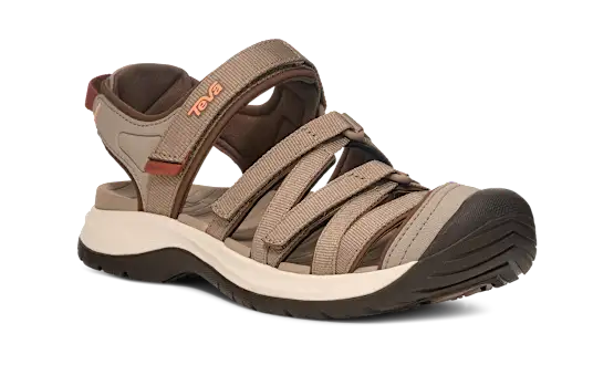 Brown sandal with orange and white accents on a white background.