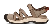 Side view of a brown sandal with orange and white accents on a white background.