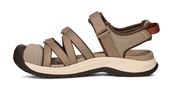 Side view of a brown sandal with orange and white accents on a white background.