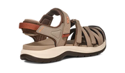 Side view of a brown sandal with orange and white accents on a white background.