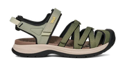 Side view of a green and white sandal on a white background.