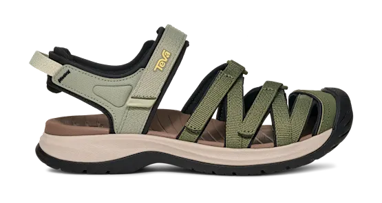 Side view of a green and white sandal on a white background.