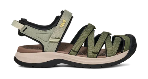 Side view of a green and white sandal on a white background.
