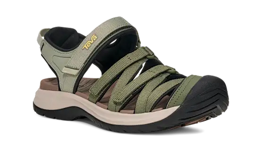 Side view of a green and white sandal on a white background.
