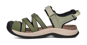 Side view of a green and white sandal on a white background.