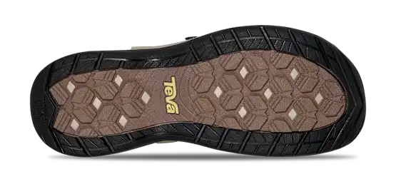 Close-up of a Teva sandal sole with brand logo on a white background