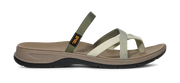 Side view of a brown sandal with green and beige straps on a white background.