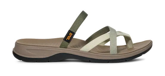 Side view of a brown sandal with green and beige straps on a white background.