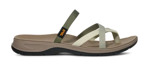Side view of a brown sandal with green and beige straps on a white background.