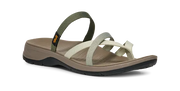 Brown sandal with green and beige straps on a white background.