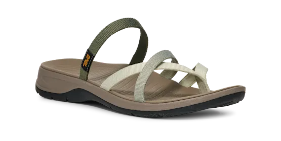 Brown sandal with green and beige straps on a white background.