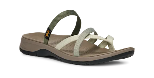 Brown sandal with green and beige straps on a white background.