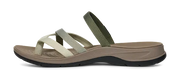 Side view of a brown sandal with green and beige straps on a white background.
