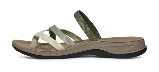 Side view of a brown sandal with green and beige straps on a white background.