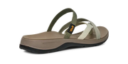 Side view of a brown sandal with green and beige straps on a white background.