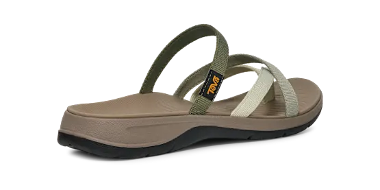 Side view of a brown sandal with green and beige straps on a white background.